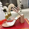 Luxury Cleo Crystals Embellished chunky Heels sandals 75mm Rhinestone pink gold Evening shoes women high heeled Designers Wraparound Dress shoe factory