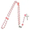 Religion Jesus Necklace Jewelry Classic Pink Imitation Pearl Rose Flower Rosary Necklaces Long Cross Pendant Fashion Sweater Chain for Women