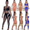 Women 2 Piece Outfits Mesh Stitched Pants Set Sexy Hollow Out Crop Top Vest Leggings Clubwear