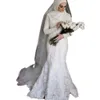 2022 Elegante abito da sposa a sirena in pizzo musulmano con velo hijab maniche lunghe collo alto abiti da sposa con applicazioni avorio Gelinlik in Dubia abiti da sposa islamici arabi