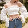 Kadın Bluzlar Gömlek 2022 Seksi Moda Kadınlar En Şifon Flare Kol Straplez Kısa Polyester Slash Boyun Beyaz Güzel