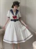 ハラジュクセーラカラーネイビードレス日本語ロリータスウィートボウノットガールレトロカワイイプレッピースタイル半袖ドレス女性220511