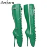 Sorbern Matte Green Mid Calf Stiefel Frauen Kreuz Schnürung Domina Sexy Fetisch High Heel Stiefel Custom Wide Fit Wadenstiefel Frauen