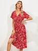 Elegant Printed Casual Beach Midi Dresses Women Summer V-neck Short Sleeve Empire Waist A-Line Dress Sundress Vestido Robes 9966 220621