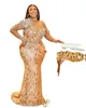 Aso Ebi 2022 Arabic Plus Size Gold Mermaid Sparkly Evening Dresses Beaded Lace Sexy Prom Formal Party Second Reception Gowns plus size