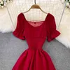 Vintage 2022 slim sexy zipper long Dress Summer elegant party square collar dress Women elastic waist beach holiday tunic Dress Y220413