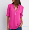 2022 new Women Chiffon Blouse Shirts Zipper V Neck Pleated Loose Casual Plus Size S- 5XL European Summer Half Sleeve Fashion Tops