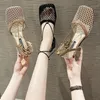 サンダルの女性ファッションフィッシュネットポンプスクエアトゥ女性靴足首クロスハイヒールサンダルサンダル