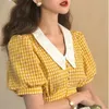 QWEEK Cottagecore Crop Top Gelbe Blusen Sommer Kawaii Puffärmel Kariertes Hemd Frauen Kariert Koreanischen Stil Mode Retro 220521