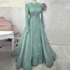 Turquoise Muslim Lace Mother 's Dresses Long Sleeve Appliques A-Line Evening Party Gowns Dubai Arabic Special Occasion Formal Dress With Over skirts BC14051