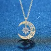 Moissanite Diamond 14K Rose Gold Plated 925 Sterling Silver Moon Star Pendant Halsband för Kvinnor Flickor Fina Smycken