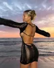 Casual Dresses Summer 2022 Mini Beach bodysuit Sexig festklubbkläder fransar kvinnor rygglös svart långärmad