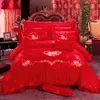 Red rosa de lujo encaje de ropa de cama para bodas King Queen Size Princess Bedset Jacquard Bordado de satén Satinada Vida de cama Bedspread Bed Sheet5376730