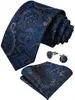 Pañuelos de arco de lujo azul oro paisley seda para hombres negocios boda corbata conjunto con anillo broche pin gemelos bolsillo cuadrado