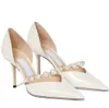 Brud sandal varumärken bi kristall utsmyckning spetsiga pumpar kristallband mulor sandaler skor brud bröllop höga klackar vita pärlor eleganta