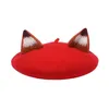 New Handmade Wool Girl Autumn And Winter Beret Cute Cartoon Fox Ears Warm Women Painter Hat Beretki J220722