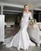 Vintage 2022 Mermaid Wedding Dresses Off The Shoulder Lace Appliques Long Sleeve Wedding Gowns Sweep Length Lace Up Bridal Dress