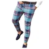 Men's Casual Autumn Plaid Pants Skinny Pencil Zipper Elastic Waist Business Trousers Suit Male Fashion 220325