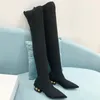 Kvinnors nya modestövlar Autumn Winter Stretch Knit Sock Coin Ankle Over Kne Thigh High Boots Low Heel Pointed Toe