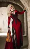 Vintage viktoriansk röd velevt aftonklänningar två stycken korsett formell slitage punk gotisk prom klänning sexig dubbel split långärmad v-hals special tillfälle klänningar