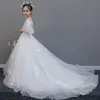 2022 White Flower Girls Dresses For Weddings Sheer Neck långa ärmar Applique Lace Tulle Children Wedding Dresses Girls Pageant Dress