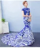 Luxe feestjurk vrouwen blauw en witte porselein kleur Chinese traditionele kleding lange cheongsam vestido elegante qipao