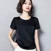 Été basique solide femmes T-Shirts col rond manches courtes T-shirts hauts Satin soie élégant mince chemises pour femme 220402
