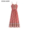 Bohême Rose Imprimé Floral Spaghetti Strap Robe BOHO Femme Laçage Réglable Taille Sling Midi Robes Longues Robe De Vacances 220511