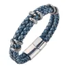 Charm Bracelets Vintage Blue Genuine Leather Bracelet Men Stainless Steel Bangles Magnetic Clasp Male Wristband BB0249LCharmCharm