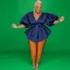 Grande taille robes femmes été Sexy col en V couleur unie lanterne manches ceinture plissée mode balançoire robe en gros DropPlus