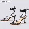 2021 Summer White Black Women Sandals Fashion Cross Tied High Heels Shoes Sexy Lace-up Square Pump Shoes Size 35-43 AA220316