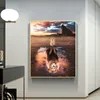 Afrikaanse leeuwenwelpen zonsondergang omgekeerde wilde dieren canvas kunst schilderij posters en prints Cuadros kunst aan de muur foto voor woonkamer