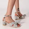 Women Sandals Summer Shoes Pleated Bow-knot Round Heels Open Toe Dress Shoes Big Size Party Wedding Shoes