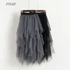 FTLZZ Tulle Skirts Women High Waist Mesh Skirt Hem Asymmetrical Pleated Midi Skirt Female Black Pink Summer Midcalf Skirts 210311