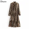 Lady Fashion Snake Print Shirt Dress Bow Tie Collar Long Sleeve Loose Dresses Stretch Waist Knee Length Pleated Vestidos Autumn 210515