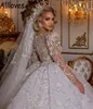 Lusso Dubai Arabo Royal Ball Gown Abiti da sposa con maniche lunghe Sparkly Paillettes Ricamo Pizzo Puffy Principessa Medio Oriente Abiti da sposa marocchini CL0734