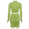 Work Dresses Y-L Green Two Pieces Sets Skirts Women Autumn Hollow Out Slim Turtleneck Long Sleeve Crop Top Bodycon Sexy Ruched Mini Skirt