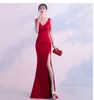 Crystal Beading V Neck Sleeveless Elegant Evening Dresses Women High Slit Formal Gowns Female Solid Green Red Sexy Club Vestidos