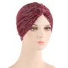 Fashion Shiny Cloth Solid Color Twist Knot Beanies Hats Ramadan Muslim Women Elastic Turban Cap African Pleated Bonnet Headwear