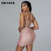 CM.YAYA Women Mini Dress Sequins Mesh See-through Strap Bodycon Dresses Sexy Night Club Party Vestidos Fashion Clothing Summer 220516