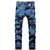 TIE DYE Blue Black Black Jeans 2022 MEN'S SLIM FIT مباشرة ثقوب متعددة على التوالي سراويل الجينز الأزياء الحجم غير الرسمي 28-40 ملابس الشارع