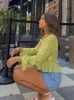 ALLNeon Vintage 90s Streetwear Ruffles Trim Green Chiffon T shirts Y2K Fashion Sexy Deep V Lace Up Long Sleeve Tops Transparent 220728