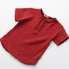 Katoen Linnen Baby Boy T-shirts Zomer Peuter Comfortabele Meisjes Tops Kinderkleding Kids Button Tees 90 140CM Hoogte 220620