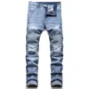 2022 Новые голубые разорванные мотоциклетные джинсы повседневные слабые мужские растягивающие плиссированные джинсовые брюки High Street Pantalons Pour Hommes