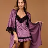 Women's Sleepwear Velour Robes Women Pajama Sets Lace Patchwork Nightdress Set Woman 3 Pieces Nightwear Velvet Nightgowns Splicing Sleepwear