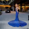 Glitter Royal Blue Mermaid Prom Dresses For Black Girls Elegant Sheer Neck -paljetter Aso Ebi Party Gown Graduation Dress