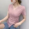 5XL Women Arrivals Summer short sleeve vneck women blouse shirt Sexy Hollow out lace tops plus size blusas 220610