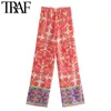 TRAF Women Chic Fashion Patchwork Totem Print raka byxor Vintage H￶g Elastisk midja slitskvinnbyxor Mujer 220812