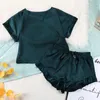 HECHAN Green Brown Women Sleepwear 2 Piece Set Round Neck Short Sleeve Top Solid Loose Pants Satin Home Wear Casual Suit Sets 220329
