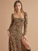 Casual Dresses 2022 Woman Dress Floral Digital Print Square Neck Long Sleeve Split Slim Sexy Ladies Mid-length Skirt Leopard